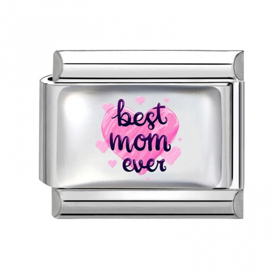 Picture of 1 Piece 304 Stainless Steel Mother's Day Italian Charm Links For DIY Bracelet Jewelry Making Wholesale Silver Tone Pink Rectangle Heart Message " Best Mom Ever " 10mm x 9mm