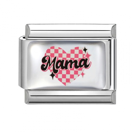 Picture of 1 Piece 304 Stainless Steel Mother's Day Italian Charm Links For DIY Bracelet Jewelry Making Wholesale Silver Tone Pink Rectangle Heart Message " Mama " 10mm x 9mm