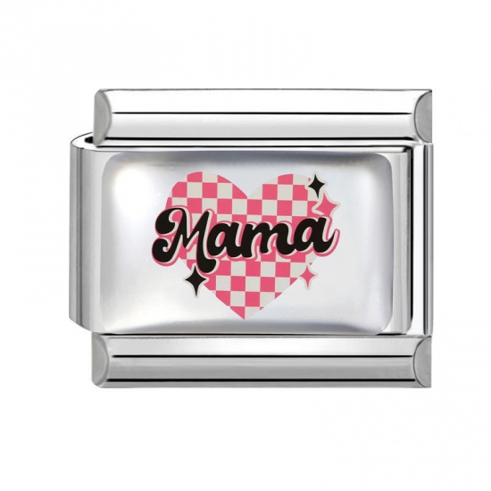 Picture of 1 Piece 304 Stainless Steel Mother's Day Italian Charm Links For DIY Bracelet Jewelry Making Wholesale Silver Tone Pink Rectangle Heart Message " Mama " 10mm x 9mm