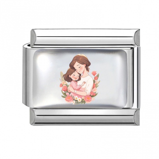 Picture of 1 Piece 304 Stainless Steel Mother's Day Italian Charm Links For DIY Bracelet Jewelry Making Wholesale Silver Tone Multicolor Rectangle Mother/ Mom 10mm x 9mm