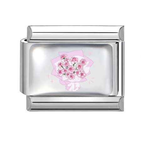 Picture of 1 Piece 304 Stainless Steel Mother's Day Italian Charm Links For DIY Bracelet Jewelry Making Wholesale Silver Tone Mauve Rectangle Carnation Flower 10mm x 9mm