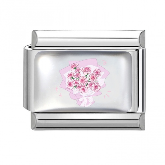 Picture of 1 Piece 304 Stainless Steel Mother's Day Italian Charm Links For DIY Bracelet Jewelry Making Wholesale Silver Tone Mauve Rectangle Carnation Flower 10mm x 9mm