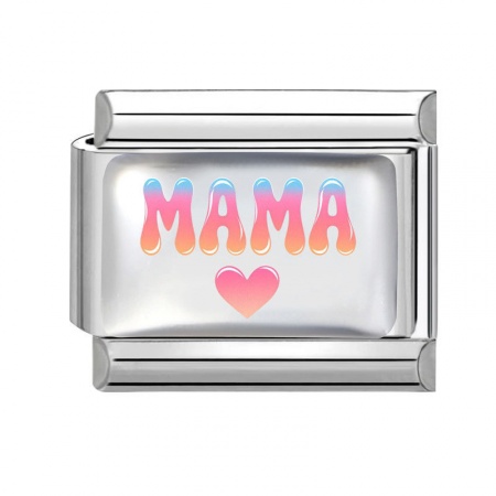 Picture of 1 Piece 304 Stainless Steel Mother's Day Italian Charm Links For DIY Bracelet Jewelry Making Wholesale Silver Tone Pink Rectangle Heart Message " Mama " 10mm x 9mm