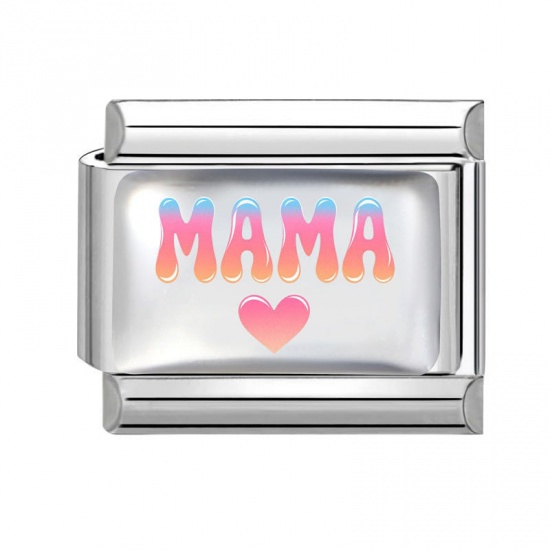 Picture of 1 Piece 304 Stainless Steel Mother's Day Italian Charm Links For DIY Bracelet Jewelry Making Wholesale Silver Tone Pink Rectangle Heart Message " Mama " 10mm x 9mm