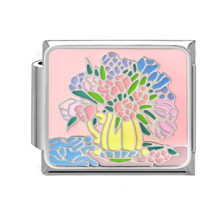 Picture of 1 Piece 304 Stainless Steel Oil Painting Style Italian Charm Links For DIY Bracelet Jewelry Making Wholesale Silver Tone Multicolor Rectangle Flower Vase Enamel 10mm x 9mm