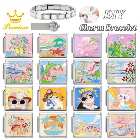 Picture of 1 Piece 304 Stainless Steel Oil Painting Style Italian Charm Links For DIY Bracelet Jewelry Making Wholesale Silver Tone Multicolor Rectangle Flower Vase Enamel 10mm x 9mm