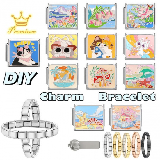 Picture of 1 Piece 304 Stainless Steel Oil Painting Style Italian Charm Links For DIY Bracelet Jewelry Making Wholesale Silver Tone Multicolor Rectangle Flower Vase Enamel 10mm x 9mm
