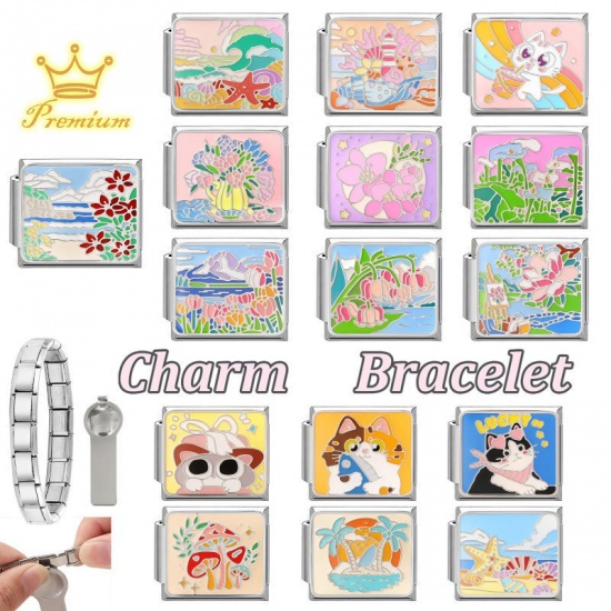 Picture of 1 Piece 304 Stainless Steel Oil Painting Style Italian Charm Links For DIY Bracelet Jewelry Making Wholesale Silver Tone Multicolor Rectangle Flower Vase Enamel 10mm x 9mm