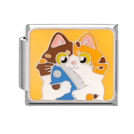 Picture of 1 Piece 304 Stainless Steel Oil Painting Style Italian Charm Links For DIY Bracelet Jewelry Making Wholesale Silver Tone Multicolor Rectangle Cat Enamel 10mm x 9mm