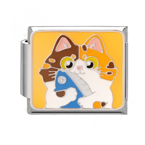 Picture of 1 Piece 304 Stainless Steel Oil Painting Style Italian Charm Links For DIY Bracelet Jewelry Making Wholesale Silver Tone Multicolor Rectangle Cat Enamel 10mm x 9mm