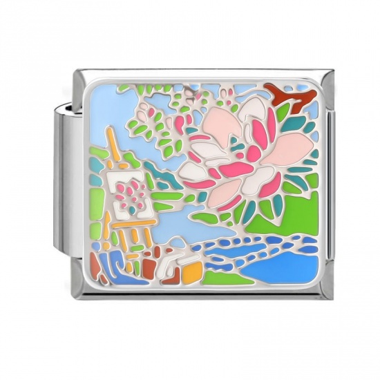 Picture of 1 Piece 304 Stainless Steel Oil Painting Style Italian Charm Links For DIY Bracelet Jewelry Making Wholesale Silver Tone Multicolor Rectangle Flower Enamel 10mm x 9mm