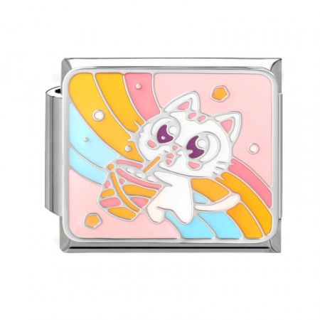 Picture of 1 Piece 304 Stainless Steel Oil Painting Style Italian Charm Links For DIY Bracelet Jewelry Making Wholesale Silver Tone White Rectangle Cat Enamel 10mm x 9mm