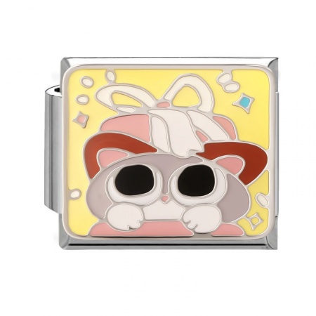 Picture of 1 Piece 304 Stainless Steel Oil Painting Style Italian Charm Links For DIY Bracelet Jewelry Making Wholesale Silver Tone Multicolor Rectangle Cat Enamel 10mm x 9mm