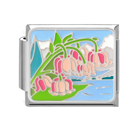 Picture of 1 Piece 304 Stainless Steel Oil Painting Style Italian Charm Links For DIY Bracelet Jewelry Making Wholesale Silver Tone Multicolor Rectangle Lily Of The Valley Flower Enamel 10mm x 9mm