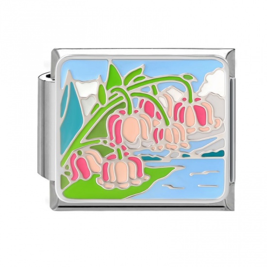 Picture of 1 Piece 304 Stainless Steel Oil Painting Style Italian Charm Links For DIY Bracelet Jewelry Making Wholesale Silver Tone Multicolor Rectangle Lily Of The Valley Flower Enamel 10mm x 9mm