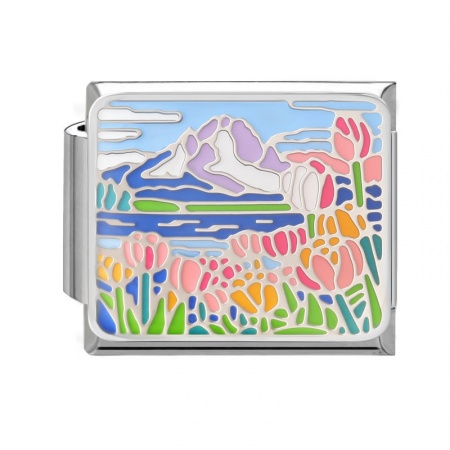 Picture of 1 Piece 304 Stainless Steel Oil Painting Style Italian Charm Links For DIY Bracelet Jewelry Making Wholesale Silver Tone Multicolor Rectangle Tulip Flower Enamel 10mm x 9mm