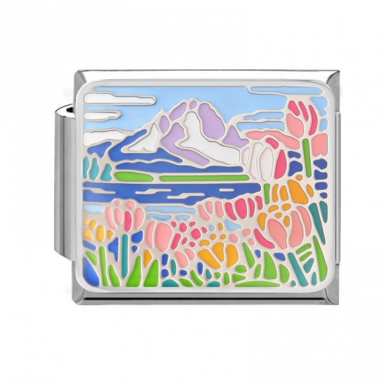 Picture of 1 Piece 304 Stainless Steel Oil Painting Style Italian Charm Links For DIY Bracelet Jewelry Making Wholesale Silver Tone Multicolor Rectangle Tulip Flower Enamel 10mm x 9mm