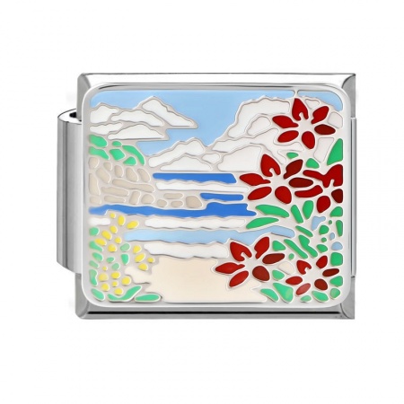 Picture of 1 Piece 304 Stainless Steel Oil Painting Style Italian Charm Links For DIY Bracelet Jewelry Making Wholesale Silver Tone Multicolor Rectangle Flower Enamel 10mm x 9mm