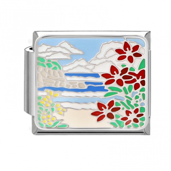 Picture of 1 Piece 304 Stainless Steel Oil Painting Style Italian Charm Links For DIY Bracelet Jewelry Making Wholesale Silver Tone Multicolor Rectangle Flower Enamel 10mm x 9mm