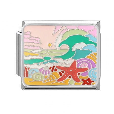 Picture of 1 Piece 304 Stainless Steel Oil Painting Style Italian Charm Links For DIY Bracelet Jewelry Making Wholesale Silver Tone Multicolor Rectangle Star Fish Enamel 10mm x 9mm