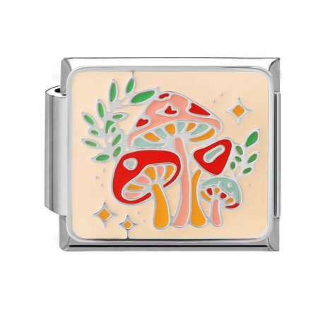 Picture of 1 Piece 304 Stainless Steel Oil Painting Style Italian Charm Links For DIY Bracelet Jewelry Making Wholesale Silver Tone Pink Rectangle Mushroom Enamel 10mm x 9mm