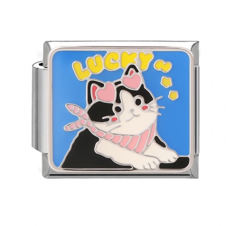 Picture of 1 Piece 304 Stainless Steel Oil Painting Style Italian Charm Links For DIY Bracelet Jewelry Making Wholesale Silver Tone Black Rectangle Cat Enamel 10mm x 9mm