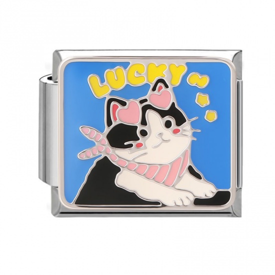 Picture of 1 Piece 304 Stainless Steel Oil Painting Style Italian Charm Links For DIY Bracelet Jewelry Making Wholesale Silver Tone Black Rectangle Cat Enamel 10mm x 9mm