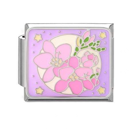 Picture of 1 Piece 304 Stainless Steel Oil Painting Style Italian Charm Links For DIY Bracelet Jewelry Making Wholesale Silver Tone Pink Rectangle Flower Enamel 10mm x 9mm