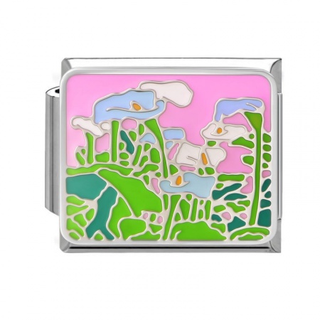 Picture of 1 Piece 304 Stainless Steel Oil Painting Style Italian Charm Links For DIY Bracelet Jewelry Making Wholesale Silver Tone Multicolor Rectangle Morning Glory Flower Enamel 10mm x 9mm