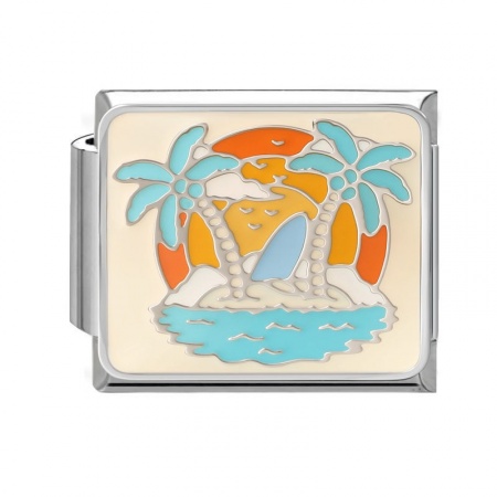Picture of 1 Piece 304 Stainless Steel Oil Painting Style Italian Charm Links For DIY Bracelet Jewelry Making Wholesale Silver Tone Multicolor Rectangle Coconut Palm Tree Enamel 10mm x 9mm