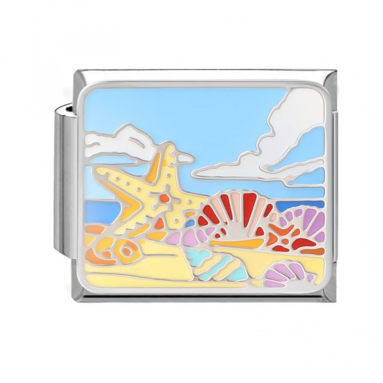 Picture of 1 Piece 304 Stainless Steel Oil Painting Style Italian Charm Links For DIY Bracelet Jewelry Making Wholesale Silver Tone Multicolor Rectangle Marine Animal Enamel 10mm x 9mm