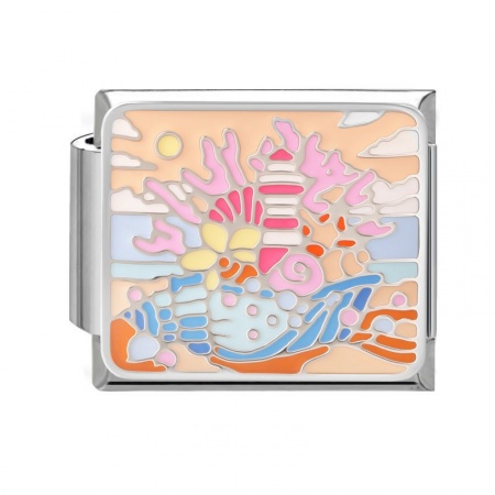 Picture of 1 Piece 304 Stainless Steel Oil Painting Style Italian Charm Links For DIY Bracelet Jewelry Making Wholesale Silver Tone Multicolor Rectangle Coralline Enamel 10mm x 9mm