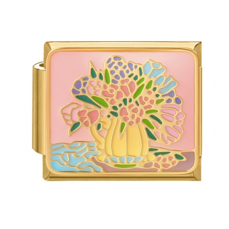 Picture of 1 Piece 304 Stainless Steel Oil Painting Style Italian Charm Links For DIY Bracelet Jewelry Making Wholesale Gold Plated Multicolor Rectangle Flower Vase Enamel 10mm x 9mm