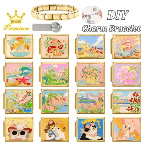 Picture of 1 Piece 304 Stainless Steel Oil Painting Style Italian Charm Links For DIY Bracelet Jewelry Making Wholesale Gold Plated Multicolor Rectangle Flower Vase Enamel 10mm x 9mm