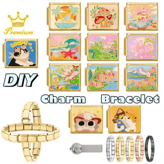 Picture of 1 Piece 304 Stainless Steel Oil Painting Style Italian Charm Links For DIY Bracelet Jewelry Making Wholesale Gold Plated Multicolor Rectangle Flower Vase Enamel 10mm x 9mm