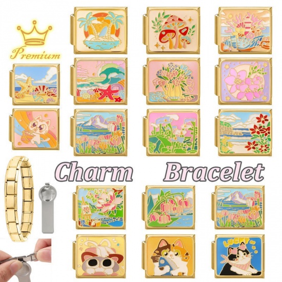 Picture of 1 Piece 304 Stainless Steel Oil Painting Style Italian Charm Links For DIY Bracelet Jewelry Making Wholesale Gold Plated Multicolor Rectangle Flower Vase Enamel 10mm x 9mm