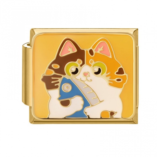 Picture of 1 Piece 304 Stainless Steel Oil Painting Style Italian Charm Links For DIY Bracelet Jewelry Making Wholesale Gold Plated Multicolor Rectangle Cat Enamel 10mm x 9mm
