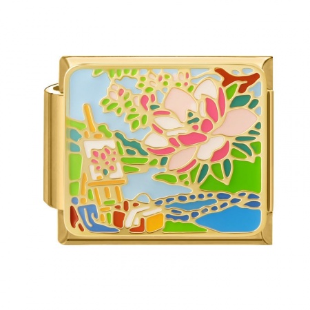 Picture of 1 Piece 304 Stainless Steel Oil Painting Style Italian Charm Links For DIY Bracelet Jewelry Making Wholesale Gold Plated Multicolor Rectangle Flower Enamel 10mm x 9mm