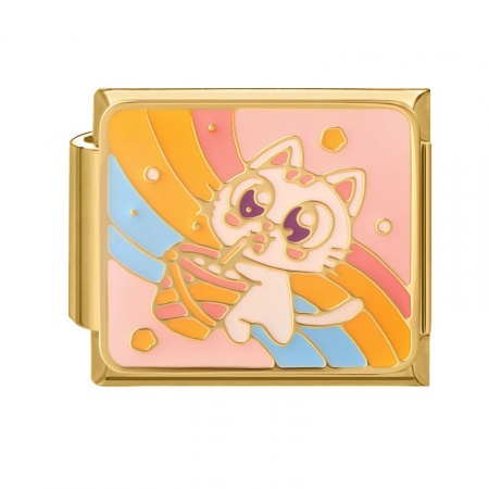 Picture of 1 Piece 304 Stainless Steel Oil Painting Style Italian Charm Links For DIY Bracelet Jewelry Making Wholesale Gold Plated Multicolor Rectangle Cat Enamel 10mm x 9mm