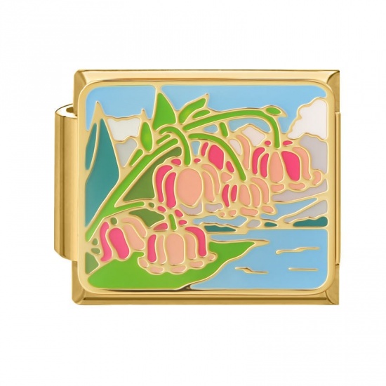 Picture of 1 Piece 304 Stainless Steel Oil Painting Style Italian Charm Links For DIY Bracelet Jewelry Making Wholesale Gold Plated Pink Rectangle Lily Of The Valley Flower Enamel 10mm x 9mm