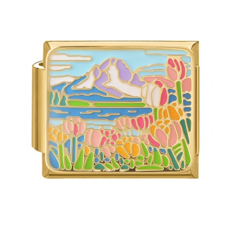 Picture of 1 Piece 304 Stainless Steel Oil Painting Style Italian Charm Links For DIY Bracelet Jewelry Making Wholesale Gold Plated Multicolor Rectangle Tulip Flower Enamel 10mm x 9mm