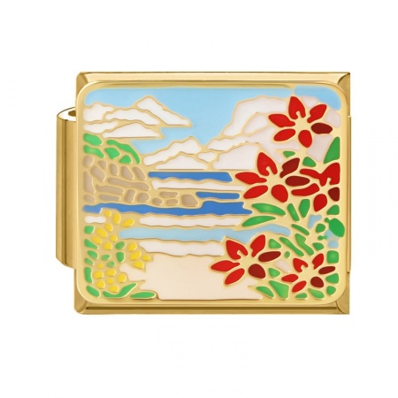 Picture of 1 Piece 304 Stainless Steel Oil Painting Style Italian Charm Links For DIY Bracelet Jewelry Making Wholesale Gold Plated Multicolor Rectangle Flower Enamel 10mm x 9mm