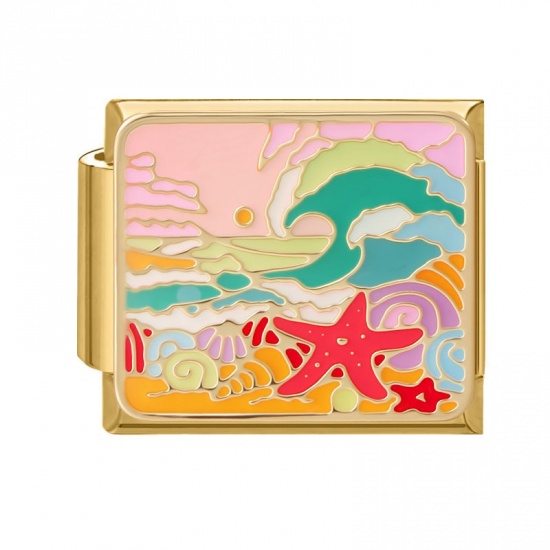 Picture of 1 Piece 304 Stainless Steel Oil Painting Style Italian Charm Links For DIY Bracelet Jewelry Making Wholesale Gold Plated Multicolor Rectangle Star Fish Enamel 10mm x 9mm