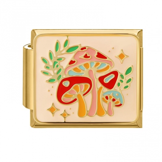 Picture of 1 Piece 304 Stainless Steel Oil Painting Style Italian Charm Links For DIY Bracelet Jewelry Making Wholesale Gold Plated Red Rectangle Mushroom Enamel 10mm x 9mm