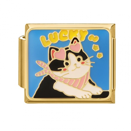 Picture of 1 Piece 304 Stainless Steel Oil Painting Style Italian Charm Links For DIY Bracelet Jewelry Making Wholesale Gold Plated Black Rectangle Cat Enamel 10mm x 9mm