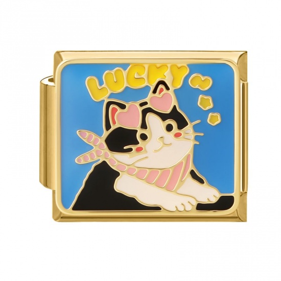 Picture of 1 Piece 304 Stainless Steel Oil Painting Style Italian Charm Links For DIY Bracelet Jewelry Making Wholesale Gold Plated Black Rectangle Cat Enamel 10mm x 9mm