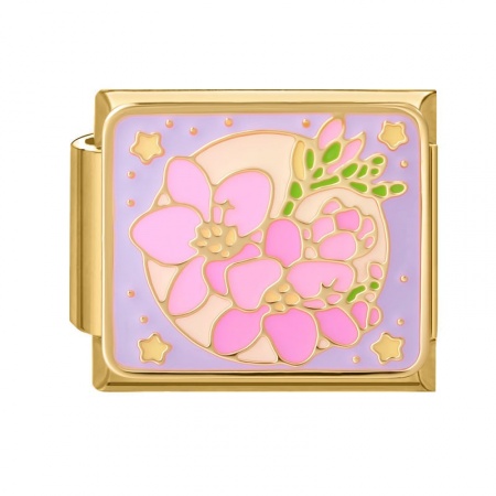 Picture of 1 Piece 304 Stainless Steel Oil Painting Style Italian Charm Links For DIY Bracelet Jewelry Making Wholesale Gold Plated Pink Rectangle Flower Enamel 10mm x 9mm