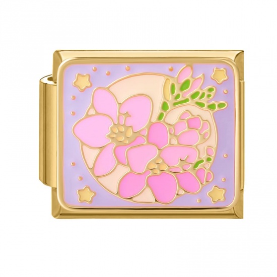 Picture of 1 Piece 304 Stainless Steel Oil Painting Style Italian Charm Links For DIY Bracelet Jewelry Making Wholesale Gold Plated Pink Rectangle Flower Enamel 10mm x 9mm