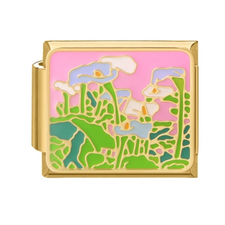Picture of 1 Piece 304 Stainless Steel Oil Painting Style Italian Charm Links For DIY Bracelet Jewelry Making Wholesale Gold Plated Green Rectangle Morning Glory Flower Enamel 10mm x 9mm