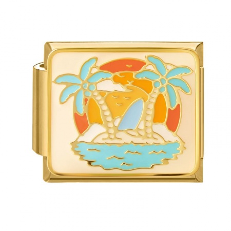 Picture of 1 Piece 304 Stainless Steel Oil Painting Style Italian Charm Links For DIY Bracelet Jewelry Making Wholesale Gold Plated Multicolor Rectangle Coconut Palm Tree Enamel 10mm x 9mm
